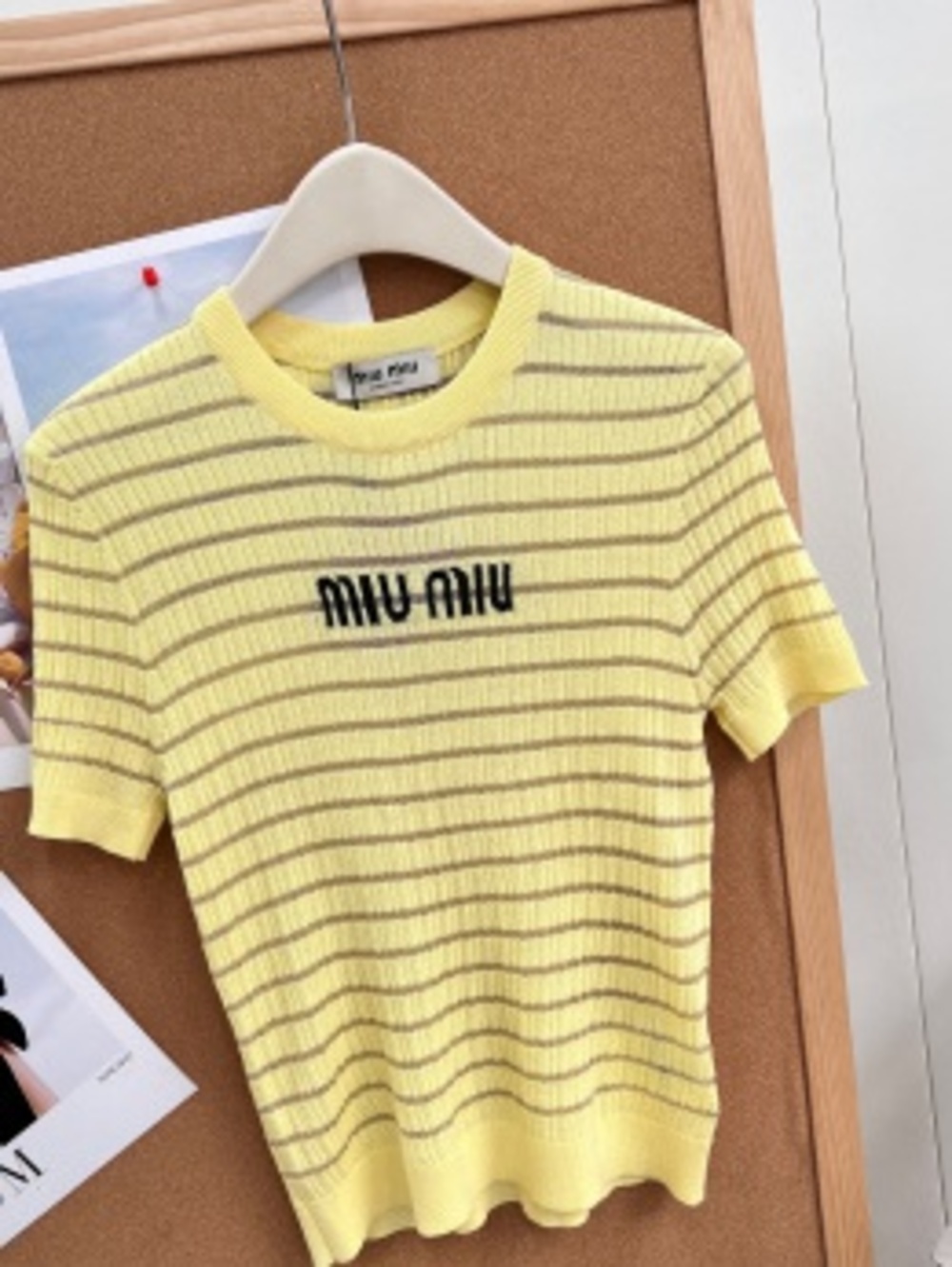 💛Miu Miu Yellow‑Gold Stripe Ribbed Knit Short‑Sleeve Logo Top